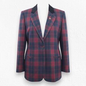 Vintage Red Green Tartan Velvet Collar Rose Broach Wool Blend Blazer Size 14